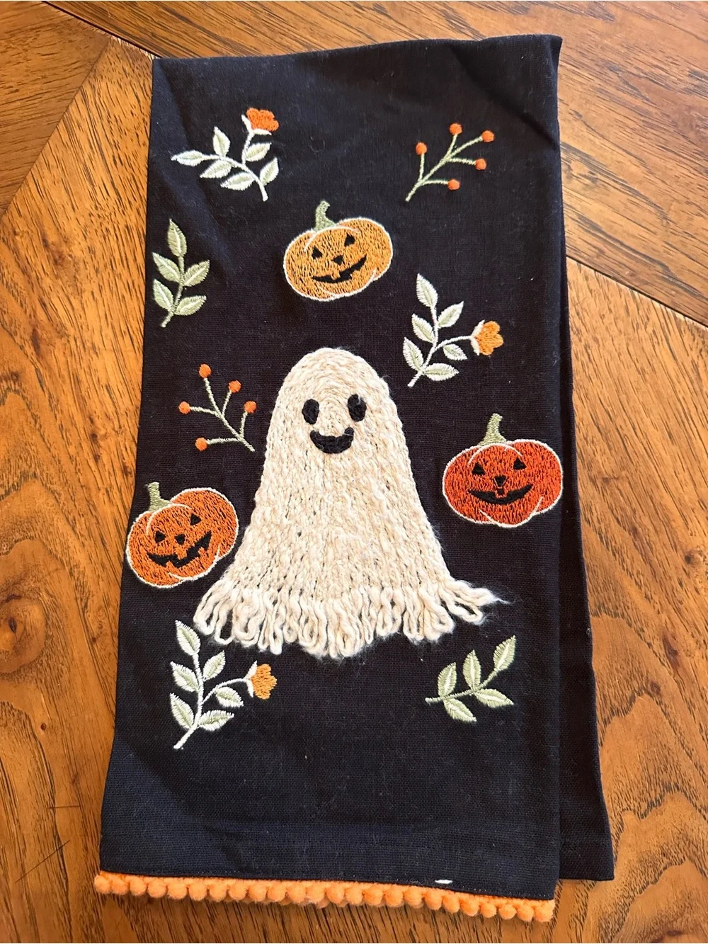 Halloween Kitchen Towels Set of 2 Ghost Pumpkins Striped Orange Black